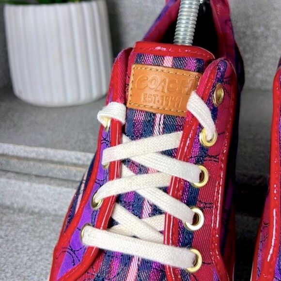 Coach Barrett Signature & Leather Poppy Pink & Purple Plaid Sneaker 8 RARE - Picture 4 of 7